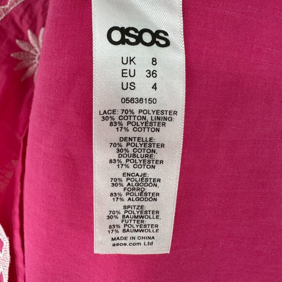 ASOS Off Shoulder Mini Dress 4 Embroidered Floral Crochet Lace Boho Hot Pink - Picture 11 of 11